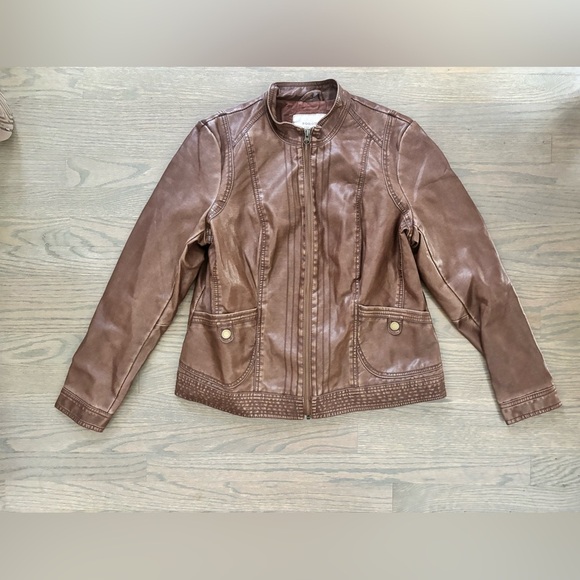 Sonoma brown vegan leather jacket distressed women’s size large - Picture 1 of 10